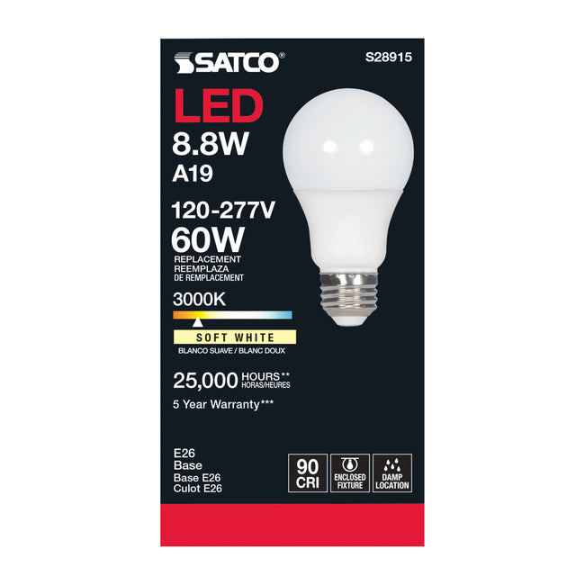Satco 8.8W (60W Equivalent) A19 Standard LED Bulb, E26 Medium Base, 3000K, 90+ CRI, Damp Rated, alternate view [Satco-S28915|CUSTOM|2]