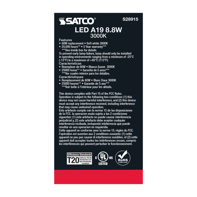 Satco 8.8W (60W Equivalent) A19 Standard LED Bulb, E26 Medium Base, 3000K, 90+ CRI, Damp Rated, alternate view [Satco-S28915|CUSTOM|3]