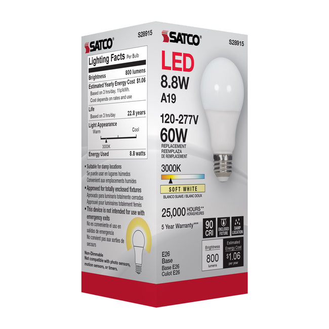 Satco 8.8W (60W Equivalent) A19 Standard LED Bulb, E26 Medium Base, 3000K, 90+ CRI, Damp Rated, alternate view [Satco-S28915|CUSTOM|6]