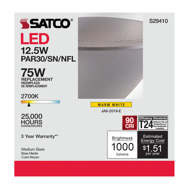 Satco 12.5W (75W Equivalent) PAR30SN LED Bulb, E26 Medium Base, 2700K, 90+ CRI, 25° Beam, Dimmable, Wet Rated, Clear, alternate view [Satco-S29410|CUSTOM|1]