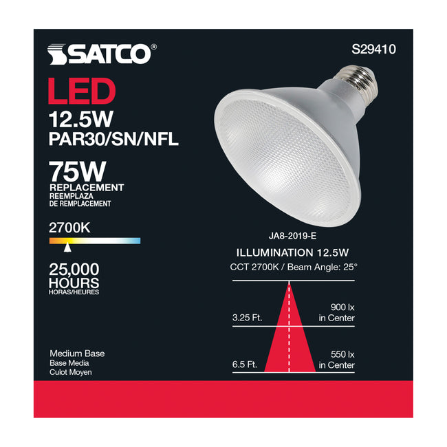 Satco 12.5W (75W Equivalent) PAR30SN LED Bulb, E26 Medium Base, 2700K, 90+ CRI, 25° Beam, Dimmable, Wet Rated, Clear, alternate view [Satco-S29410|CUSTOM|2]