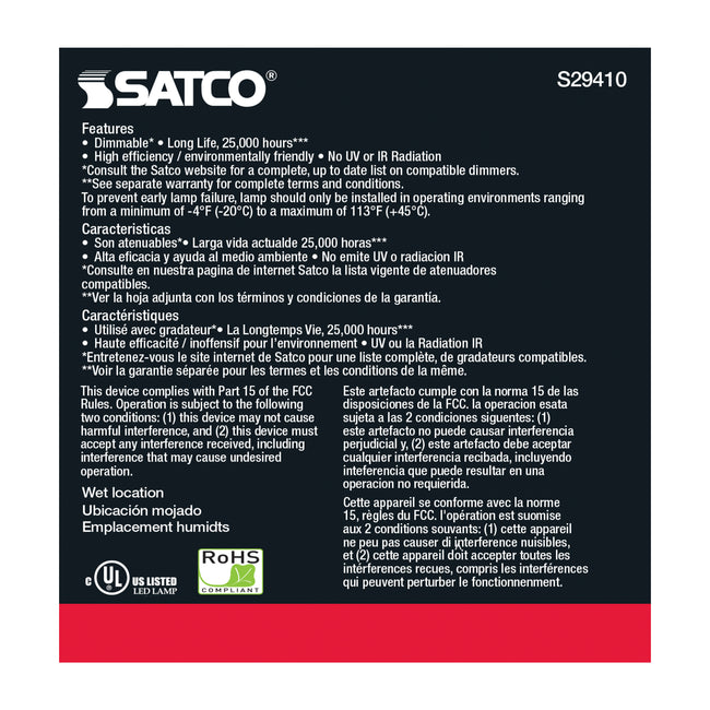 Satco 12.5W (75W Equivalent) PAR30SN LED Bulb, E26 Medium Base, 2700K, 90+ CRI, 25° Beam, Dimmable, Wet Rated, Clear, alternate view [Satco-S29410|CUSTOM|3]