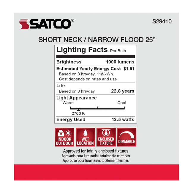 Satco 12.5W (75W Equivalent) PAR30SN LED Bulb, E26 Medium Base, 2700K, 90+ CRI, 25° Beam, Dimmable, Wet Rated, Clear, alternate view [Satco-S29410|CUSTOM|4]
