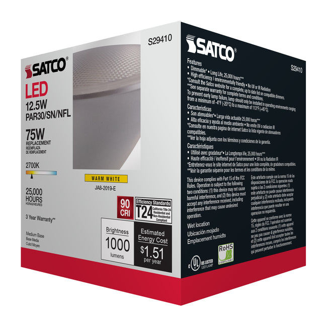 Satco 12.5W (75W Equivalent) PAR30SN LED Bulb, E26 Medium Base, 2700K, 90+ CRI, 25° Beam, Dimmable, Wet Rated, Clear, alternate view [Satco-S29410|CUSTOM|5]