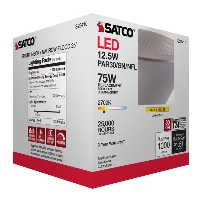 Satco 12.5W (75W Equivalent) PAR30SN LED Bulb, E26 Medium Base, 2700K, 90+ CRI, 25° Beam, Dimmable, Wet Rated, Clear, alternate view [Satco-S29410|CUSTOM|6]