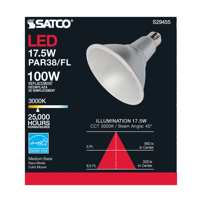 Satco 17.5W (100W Equivalent) PAR38 Reflector LED Bulb, E26 Medium Base, 3000K, 90+ CRI, 40° Beam, Dimmable, Wet Rated, Clear with Clear Glass, alternate view [Satco-S29455|CUSTOM|2]