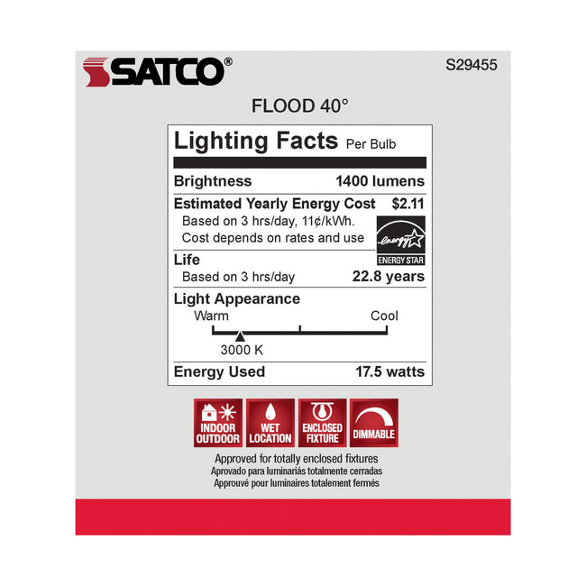 Satco 17.5W (100W Equivalent) PAR38 Reflector LED Bulb, E26 Medium Base, 3000K, 90+ CRI, 40° Beam, Dimmable, Wet Rated, Clear with Clear Glass, alternate view [Satco-S29455|CUSTOM|4]