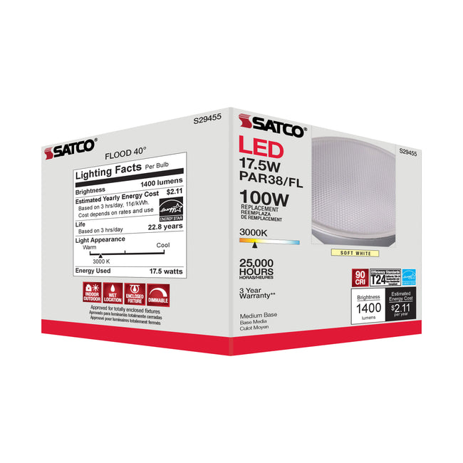 Satco 17.5W (100W Equivalent) PAR38 Reflector LED Bulb, E26 Medium Base, 3000K, 90+ CRI, 40° Beam, Dimmable, Wet Rated, Clear with Clear Glass, alternate view [Satco-S29455|CUSTOM|6]