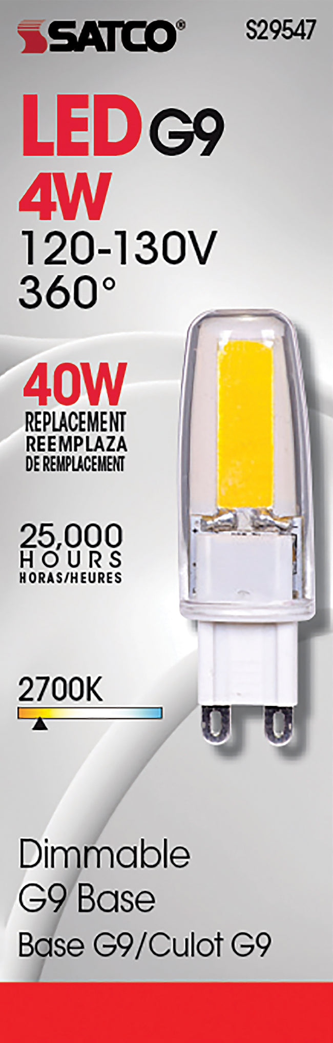 Satco 4W (40W Equivalent) T4 LED Bulb, G9 Base, 2700K, 80+ CRI, Dimmable, Damp Rated, Clear with Clear Glass, alternate view [Satco-S29547|CUSTOM|1]