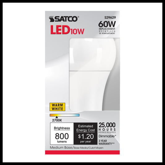 Satco 10W (60W Equivalent) A19 Standard LED Bulb, E26 Medium Base, 2700K, 80+ CRI, Dimmable, Damp Rated, Sold in Cases of 72, Frost with Frost Glass, alternate view [Satco-S29629|CUSTOM|1]