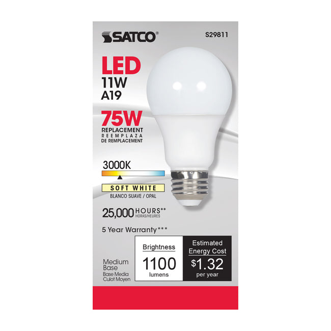 Satco 11W A19 LED Bulb, E26 Medium, 3000K – Lighting & Bulbs Unlimited