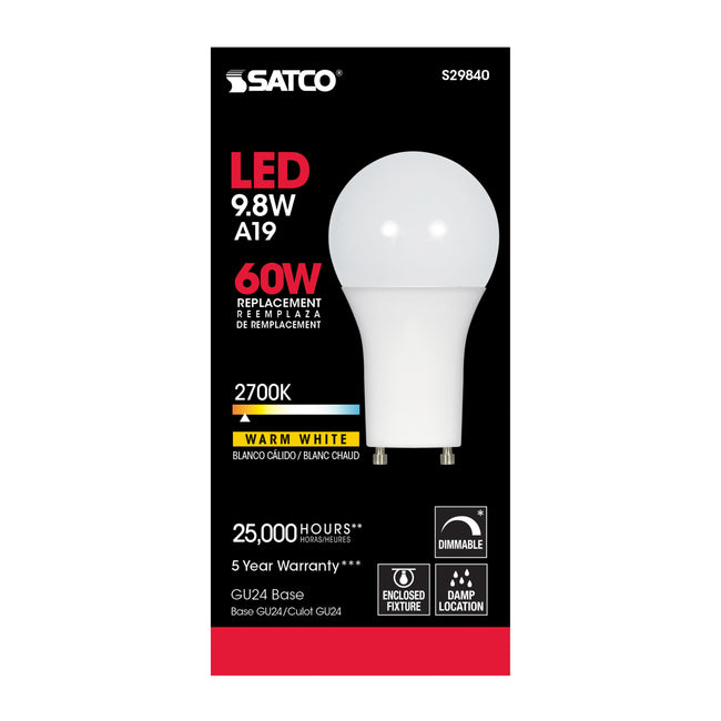 Satco 9.8W (60W Equivalent) A19 Standard LED Bulb, GU24 Base, 2700K, 80+ CRI, Dimmable, Damp Rated, Frost with Frost Glass, alternate view [Satco-S29840|CUSTOM|2]