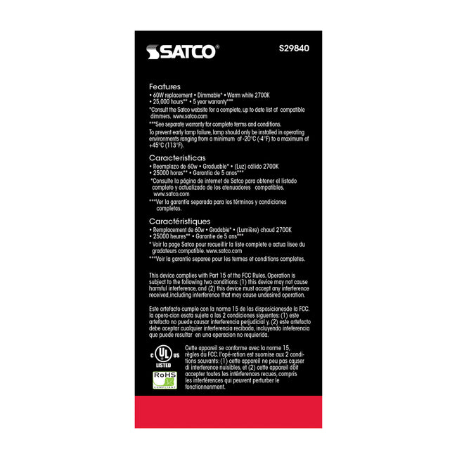 Satco 9.8W (60W Equivalent) A19 Standard LED Bulb, GU24 Base, 2700K, 80+ CRI, Dimmable, Damp Rated, Frost with Frost Glass, alternate view [Satco-S29840|CUSTOM|3]