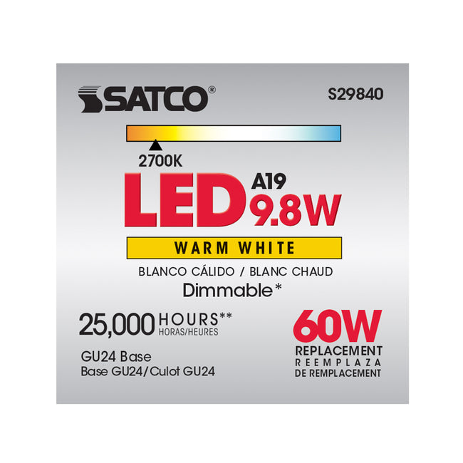 Satco 9.8W (60W Equivalent) A19 Standard LED Bulb, GU24 Base, 2700K, 80+ CRI, Dimmable, Damp Rated, Frost with Frost Glass, alternate view [Satco-S29840|CUSTOM|5]