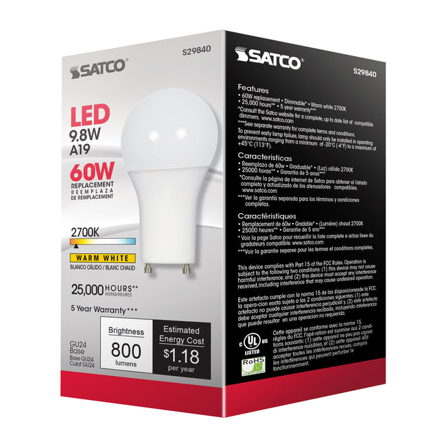 Satco 9.8W (60W Equivalent) A19 Standard LED Bulb, GU24 Base, 2700K, 80+ CRI, Dimmable, Damp Rated, Frost with Frost Glass, alternate view [Satco-S29840|CUSTOM|7]