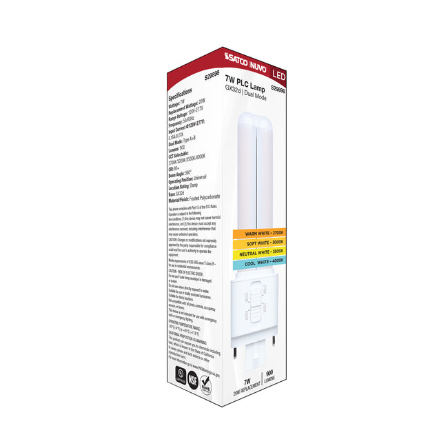 Satco 7W PLC LED Bulb, GX32d Base, Selectable 2700K-4000K, 80+ CRI, Damp Rated, alternate view [Satco-S29898|CUSTOM|1]