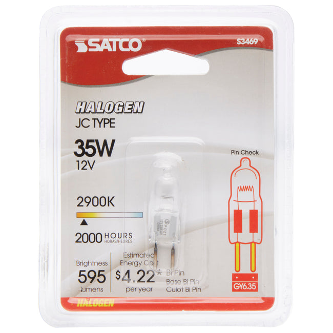 Satco 35W T4 Halogen Bulb, GY6.35 Base, 2900K, 100+ CRI, Dimmable, Damp Rated, 12V, Clear / Single (Carded), alternate view [Satco-S3469|CUSTOM|2]