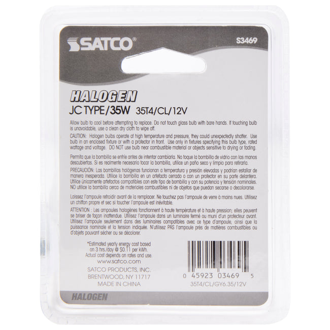 Satco 35W T4 Halogen Bulb, GY6.35 Base, 2900K, 100+ CRI, Dimmable, Damp Rated, 12V, Clear / Single (Carded), alternate view [Satco-S3469|CUSTOM|3]