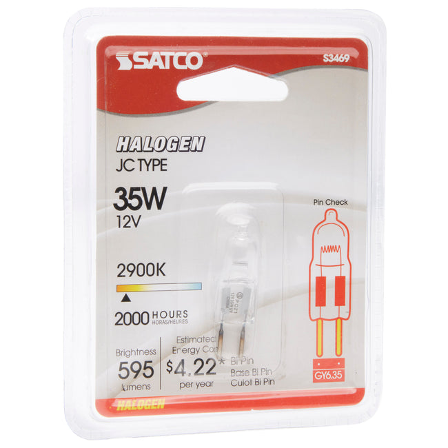 Satco 35W T4 Halogen Bulb, GY6.35 Base, 2900K, 100+ CRI, Dimmable, Damp Rated, 12V, Clear / Single (Carded), alternate view [Satco-S3469|CUSTOM|4]