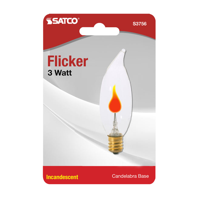Satco 3W CA8 Flame Tip Incandescent Bulb, E12 Candelabra Base, 2700K, 100+ CRI, Dimmable, alternate view [Satco-S3756|CUSTOM|1]