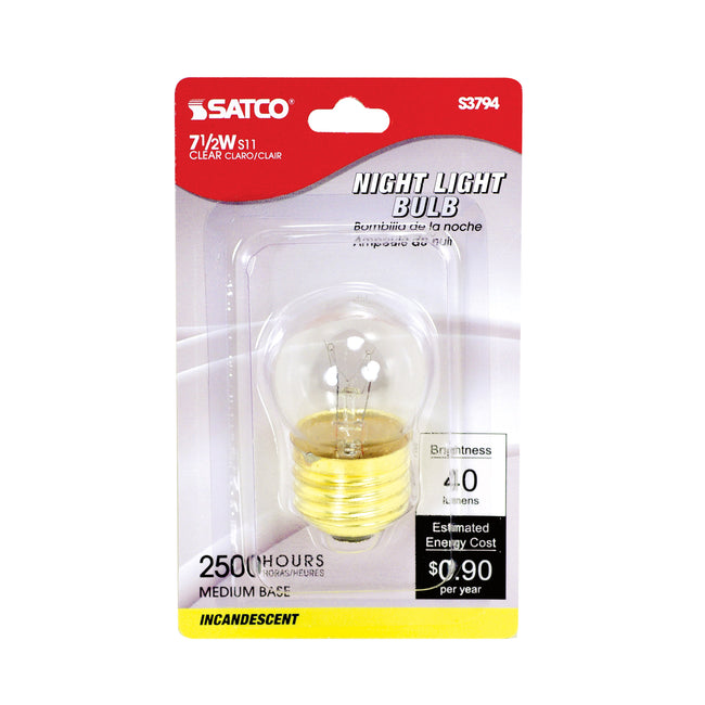 Satco 7.5W S11 Indicator Incandescent Bulb, E26 Medium Base, 2700K, 100+ CRI, Dimmable, Clear / Single, alternate view [Satco-S3794|CUSTOM|1]