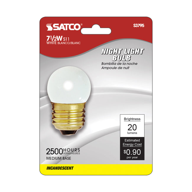 Satco 7.5W S11 Indicator Incandescent Bulb, E26 Medium Base, 2700K, 100+ CRI, Dimmable, Gloss White / Single, alternate view [Satco-S3795|CUSTOM|1]