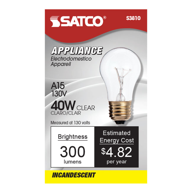 Satco 40W A15 Standard Incandescent Bulb, E26 Medium Base, 2700K, 100+ CRI, Dimmable, Clear, alternate view [Satco-S3810|CUSTOM|1]