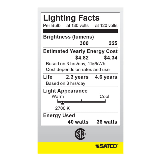 Satco 40W A15 Standard Incandescent Bulb, E26 Medium Base, 2700K, 100+ CRI, Dimmable, Clear, alternate view [Satco-S3810|CUSTOM|4]