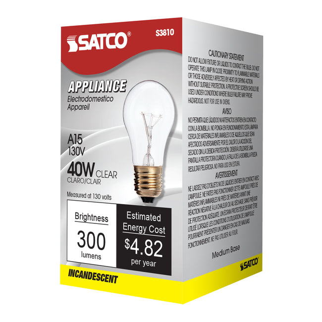 Satco 40W A15 Standard Incandescent Bulb, E26 Medium Base, 2700K, 100+ CRI, Dimmable, Clear, alternate view [Satco-S3810|CUSTOM|5]