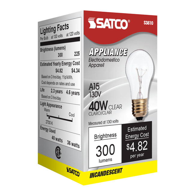 Satco 40W A15 Standard Incandescent Bulb, E26 Medium Base, 2700K, 100+ CRI, Dimmable, Clear, alternate view [Satco-S3810|CUSTOM|6]