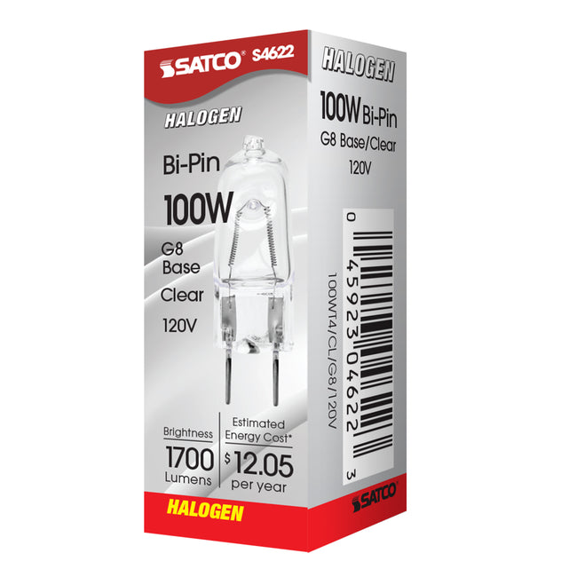 Satco 100W T4 Halogen Bulb, G8 Base, 2900K, 100+ CRI, Dimmable, Damp Rated, Single (Box), alternate view [Satco-S4622|CUSTOM|5]