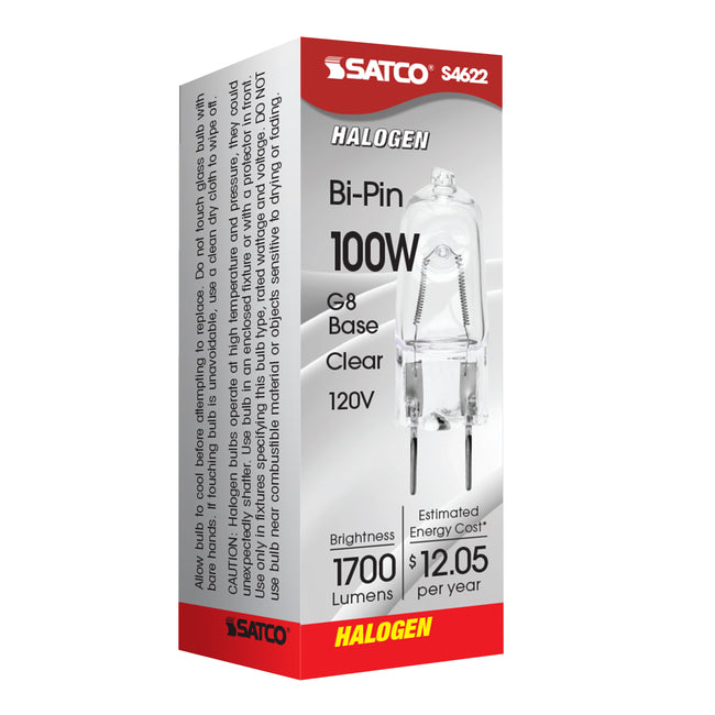 Satco 100W T4 Halogen Bulb, G8 Base, 2900K, 100+ CRI, Dimmable, Damp Rated, Single (Box), alternate view [Satco-S4622|CUSTOM|6]