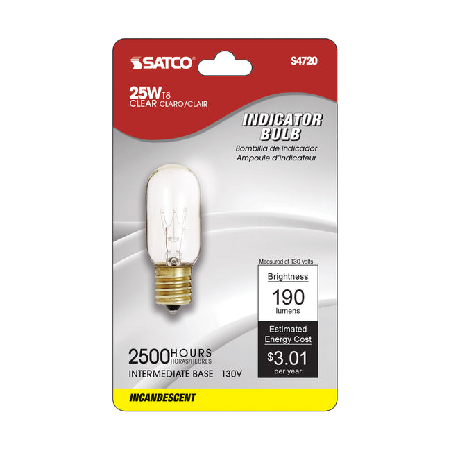 Satco 25W T8 Incandescent Bulb, E17 Intermediate Base, 2700K, 100+ CRI, Dimmable, Clear with Clear Glass, alternate view [Satco-S4720|CUSTOM|1]