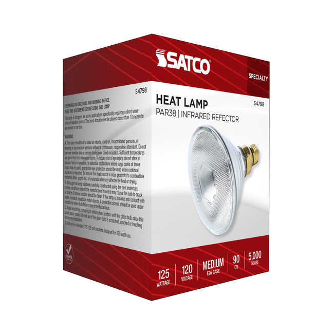 Satco 125W PAR38 Reflector Incandescent Bulb, E26 Medium Base, 2700K, 90+ CRI, Dimmable, Wet Rated, Clear, alternate view [Satco-S4798|CUSTOM|1]