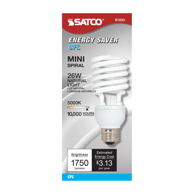 Satco 26W (100W Equivalent) T2 CFL Bulb, E26 Medium Base, 5000K, 80+ CRI, White with White Glass, alternate view [Satco-S7233|CUSTOM|1]