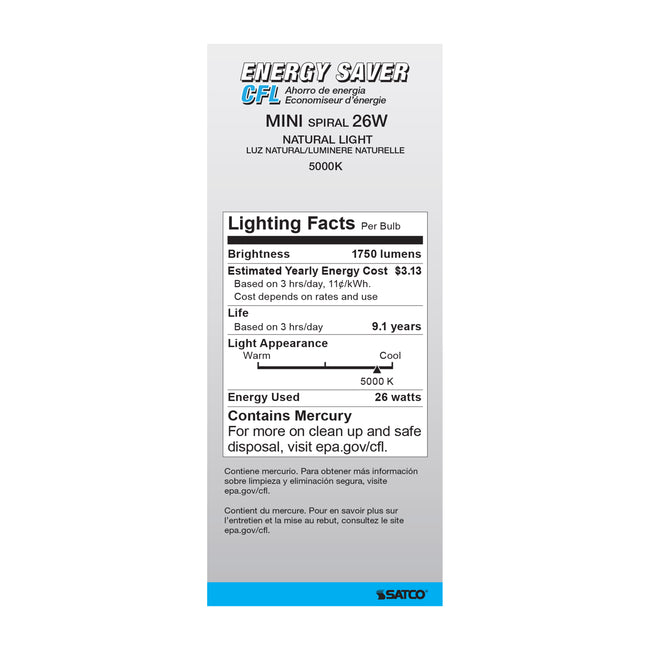 Satco 26W (100W Equivalent) T2 CFL Bulb, E26 Medium Base, 5000K, 80+ CRI, White with White Glass, alternate view [Satco-S7233|CUSTOM|4]