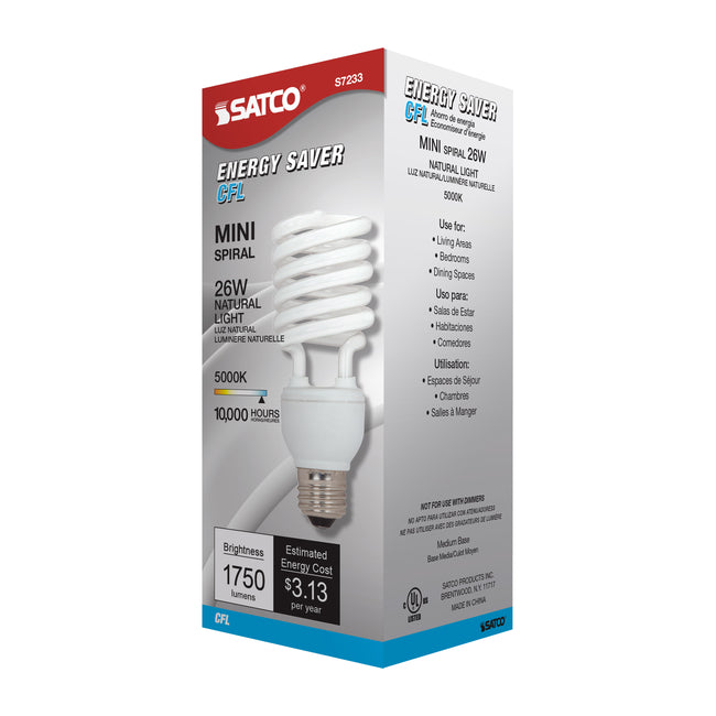 Satco 26W (100W Equivalent) T2 CFL Bulb, E26 Medium Base, 5000K, 80+ CRI, White with White Glass, alternate view [Satco-S7233|CUSTOM|5]