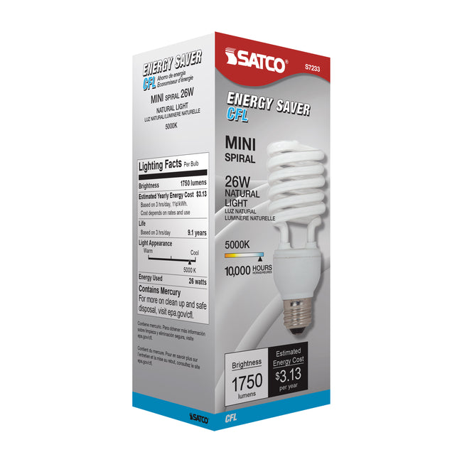 Satco 26W (100W Equivalent) T2 CFL Bulb, E26 Medium Base, 5000K, 80+ CRI, White with White Glass, alternate view [Satco-S7233|CUSTOM|6]