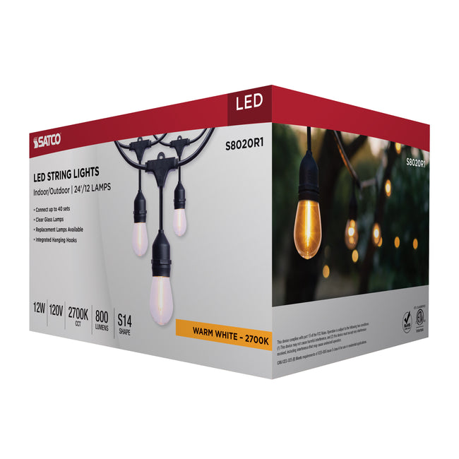 Satco 24 Foot LED String Light, 12-S14 Lamps, 120V, Black, alternate view [Satco-S8020R1|CUSTOM|2]