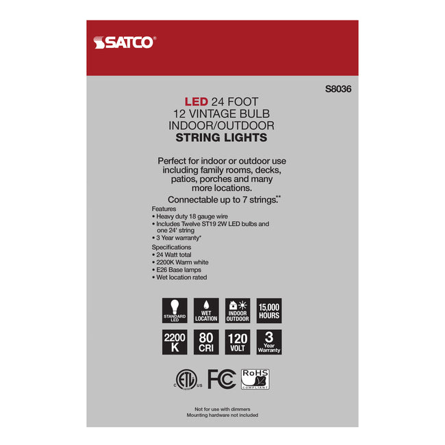 Satco LED String Light, 12 Vintage ST19 Bulbs Included, 120V, alternate view [Satco-S8036|CUSTOM|3]