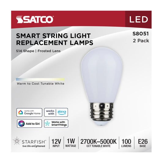 Satco 1W (11W Equivalent) S14 Sign LED Bulb, E26 Medium Base, Selectable 2700K-5000K, 80+ CRI, Dimmable, Wet Rated, alternate view [Satco-S8051|CUSTOM|1]