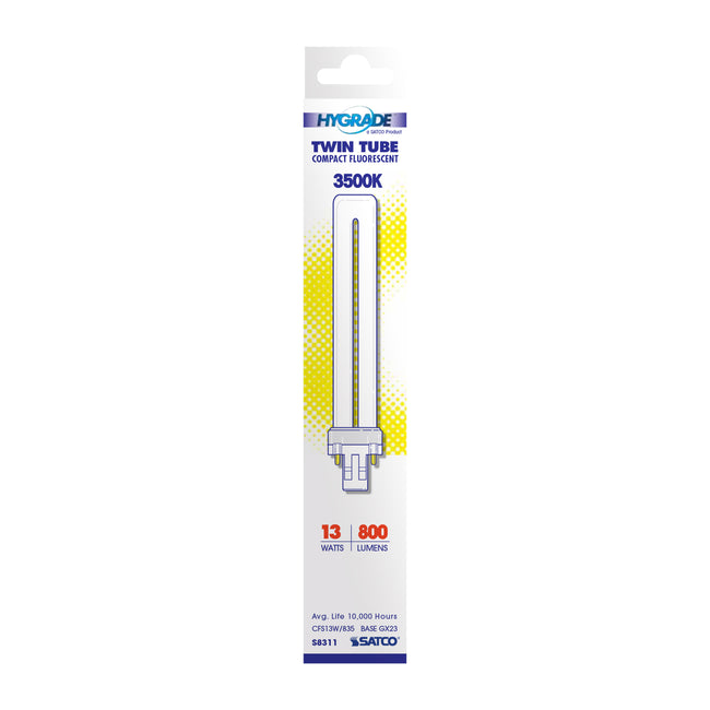 Satco 13W T4 CFL Bulb, GX23 Base, 3500K, 80+ CRI, White with White Glass, alternate view [Satco-S8311|CUSTOM|2]