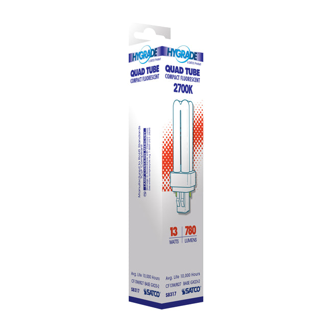 Satco 13W T4 CFL Bulb, GX23-2 Base, 2700K, 80+ CRI, White with White Glass, alternate view [Satco-S8317|CUSTOM|5]