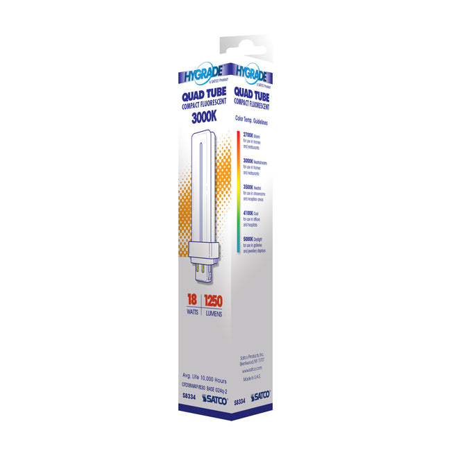 Satco 18W T4 CFL Bulb, G24q-2 Base, 3000K, 80+ CRI, Dimmable, alternate view [Satco-S8334|CUSTOM|3]