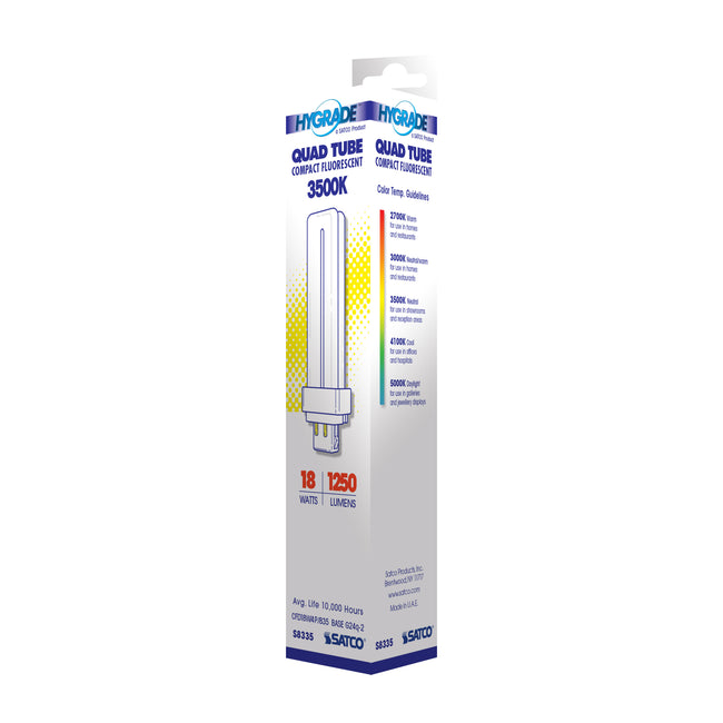 Satco 18W T4 CFL Bulb, G24q-2 Base, 3500K, 80+ CRI, Dimmable, White with White Glass, alternate view [Satco-S8335|CUSTOM|3]