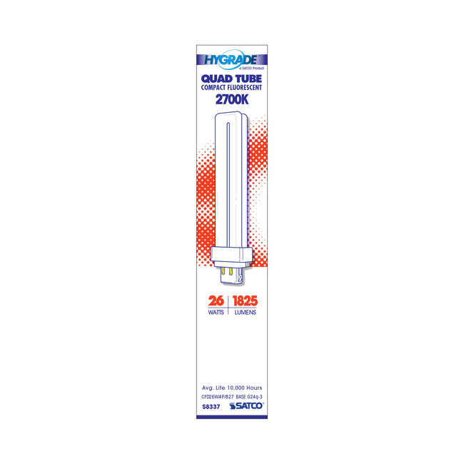 Satco 26W T4 CFL Bulb, G24q-3 Base, 2700K, 80+ CRI, Dimmable, White with White Glass, alternate view [Satco-S8337|CUSTOM|1]