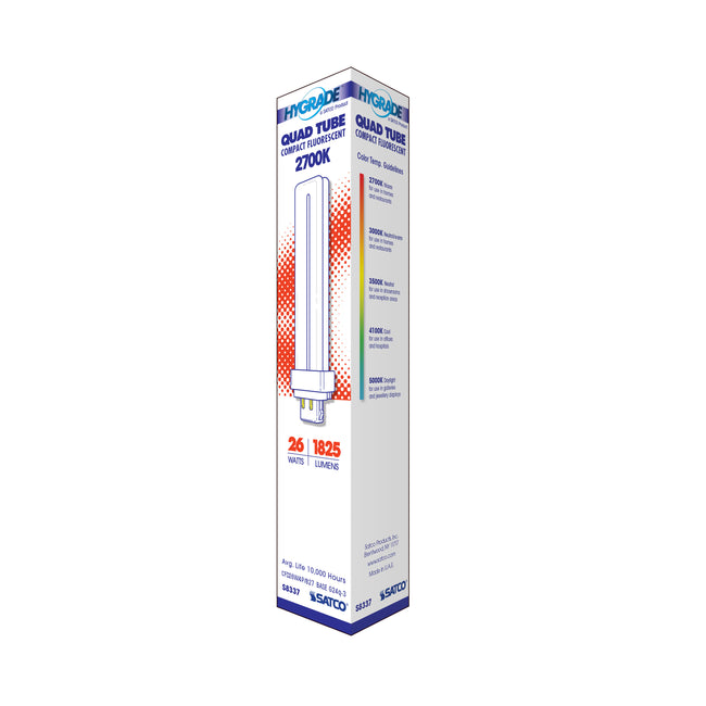 Satco 26W T4 CFL Bulb, G24q-3 Base, 2700K, 80+ CRI, Dimmable, White with White Glass, alternate view [Satco-S8337|CUSTOM|4]