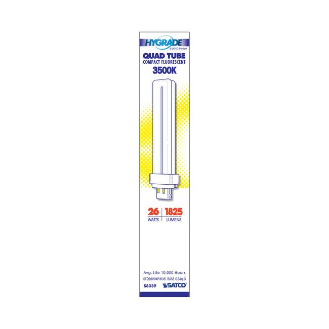Satco 26W T4 CFL Bulb, G24q-3 Base, 3500K, 80+ CRI, Dimmable, White with White Glass, alternate view [Satco-S8339|CUSTOM|1]
