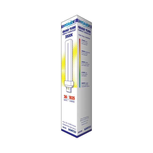 Satco 26W T4 CFL Bulb, G24q-3 Base, 3500K, 80+ CRI, Dimmable, White with White Glass, alternate view [Satco-S8339|CUSTOM|3]