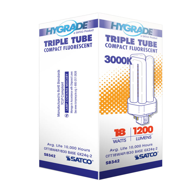 Satco 18W T4 CFL Bulb, GX24q-2 Base, 3000K, 80+ CRI, Dimmable, White with White Glass, alternate view [Satco-S8342|CUSTOM|5]